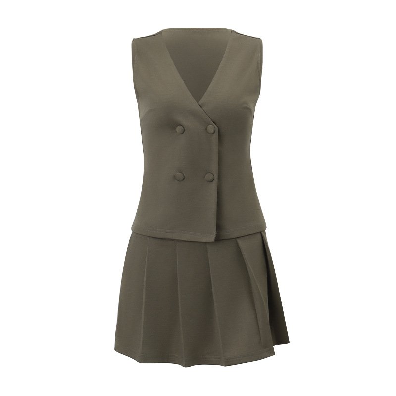 Summer Street Commuting Two piece Set Women Office Suit Sleeveless V-neck Slim Buttons Top Pleated Mini Skirt Women's Set 2917