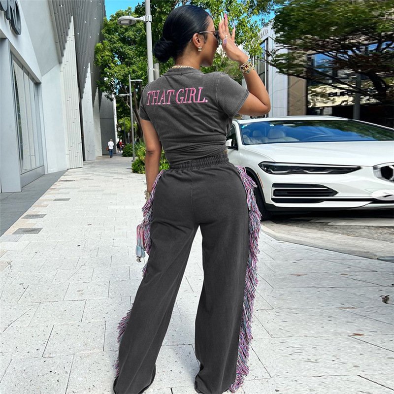 Peeqi K23S40781 Spring summer crew neck short sleeve embroider crop top loose color tassels straight two piece pants set women
