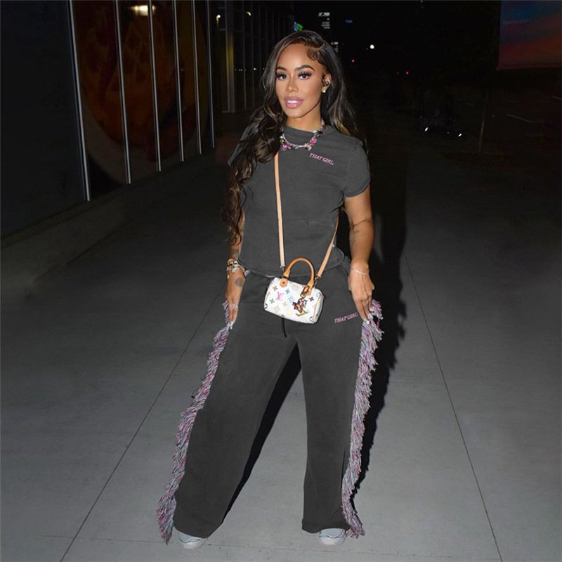 Peeqi K23S40781 Spring summer crew neck short sleeve embroider crop top loose color tassels straight two piece pants set women