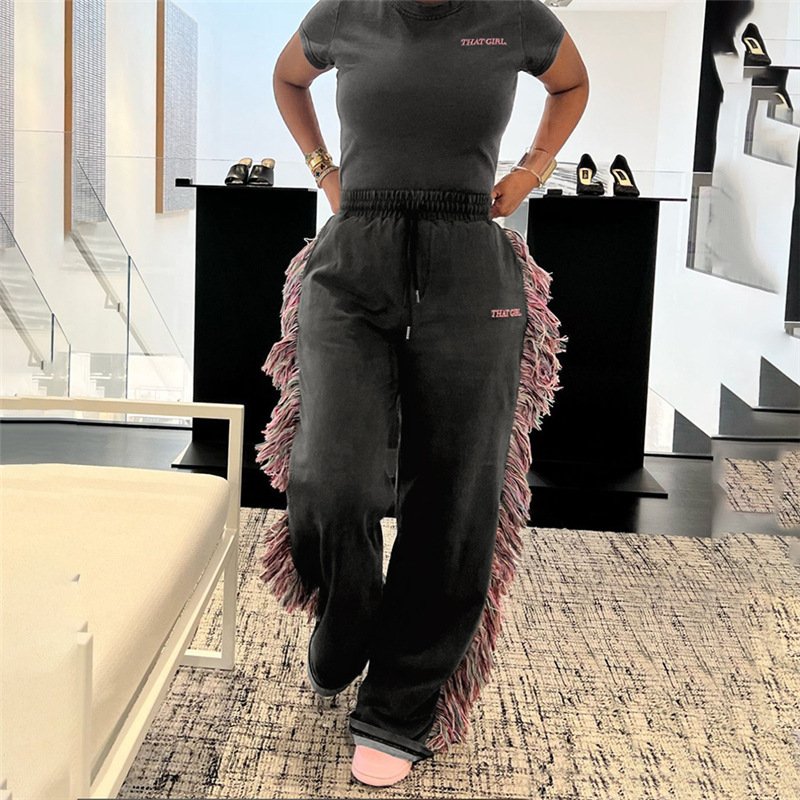 Peeqi K23S40781 Spring summer crew neck short sleeve embroider crop top loose color tassels straight two piece pants set women