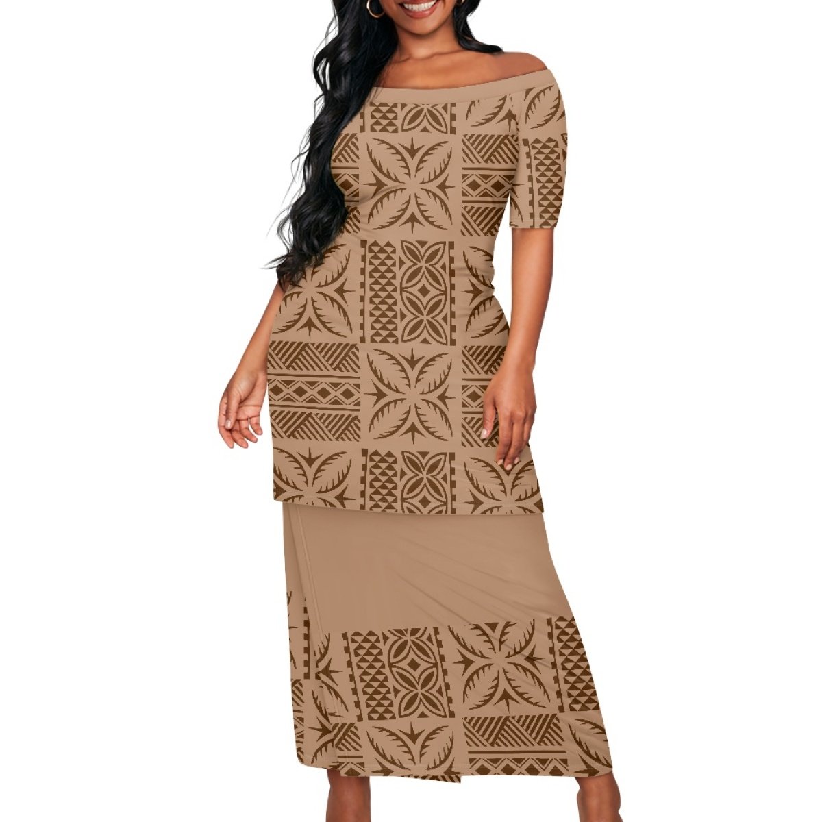 Women's Polynesian Elei Tribal Design Beach Dress Sexy Short Sleeve Top Wrap Hip Skirt Custom Summer Sports Set 1MOQ Drop