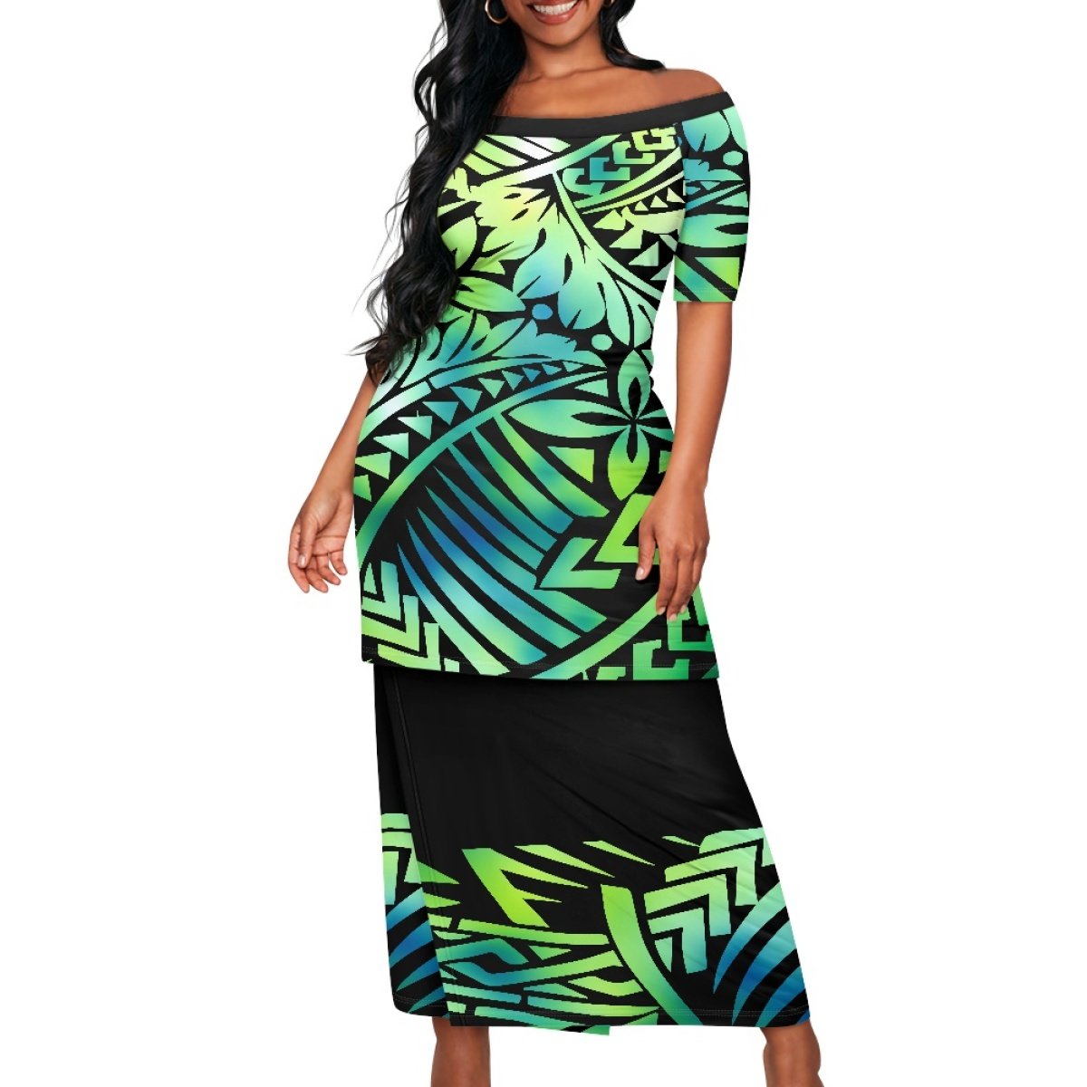 Women's Polynesian Elei Tribal Design Beach Dress Sexy Short Sleeve Top Wrap Hip Skirt Custom Summer Sports Set 1MOQ Drop