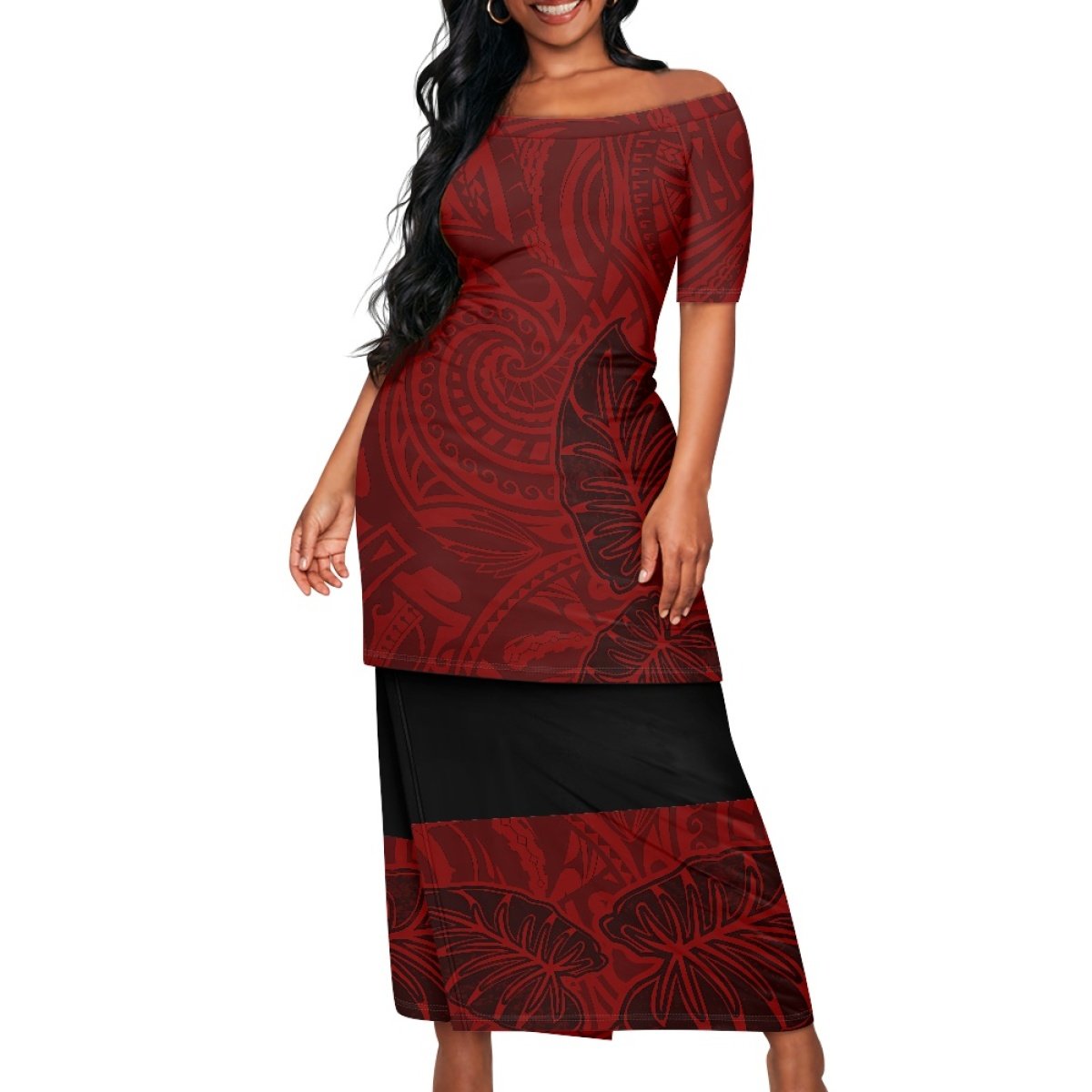 Women's Polynesian Elei Tribal Design Beach Dress Sexy Short Sleeve Top Wrap Hip Skirt Custom Summer Sports Set 1MOQ Drop