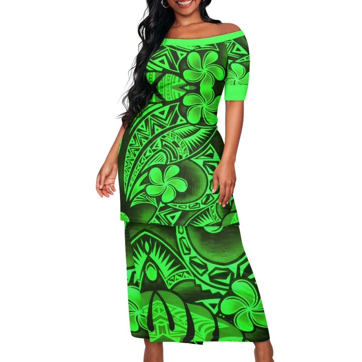 Women's Polynesian Elei Tribal Design Beach Dress Sexy Short Sleeve Top Wrap Hip Skirt Custom Summer Sports Set 1MOQ Drop