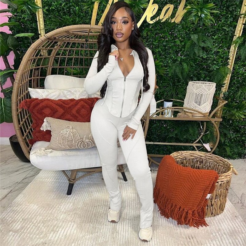 Fall clothing casual women zipper 2 piece set women solid sweat suit hooded women tracksuit set