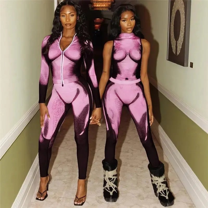 2023 new arrivals bodysuits women New printed turtleneck sleeveless tight vest high waist slim pants suit bodysuits for women