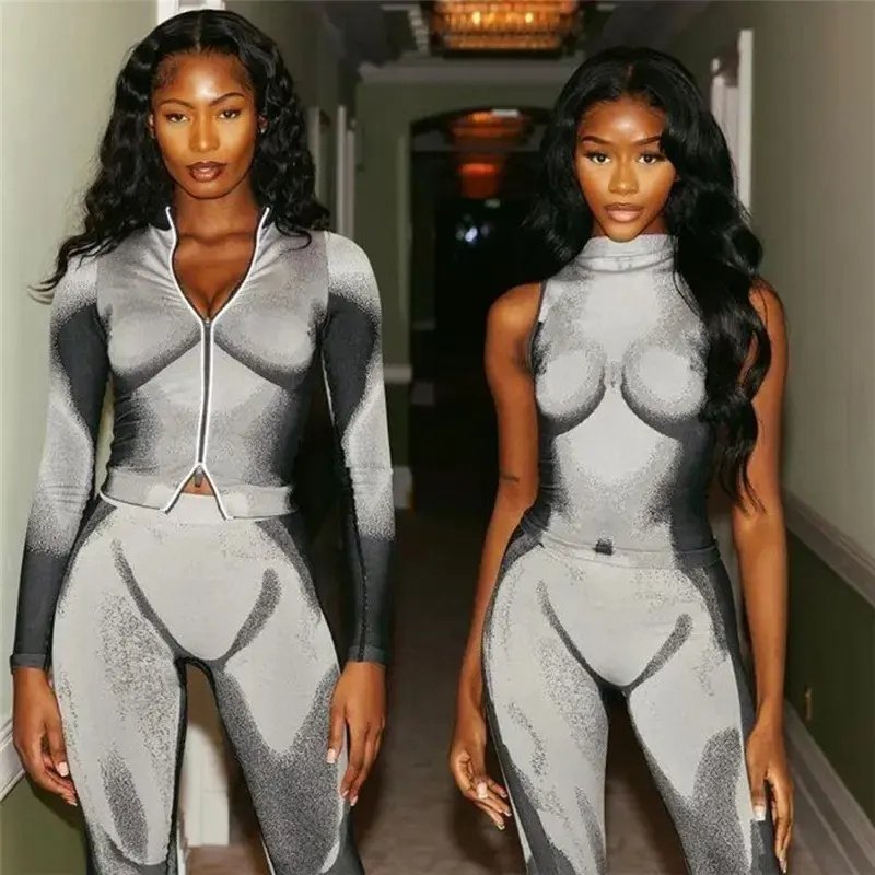 2023 new arrivals bodysuits women New printed turtleneck sleeveless tight vest high waist slim pants suit bodysuits for women