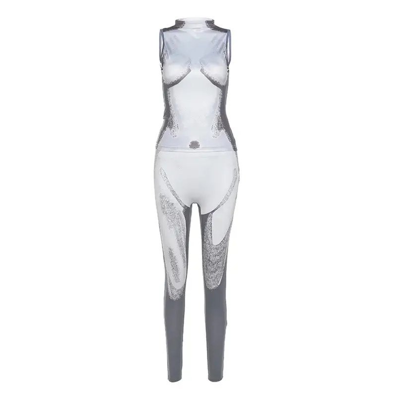 2023 new arrivals bodysuits women New printed turtleneck sleeveless tight vest high waist slim pants suit bodysuits for women