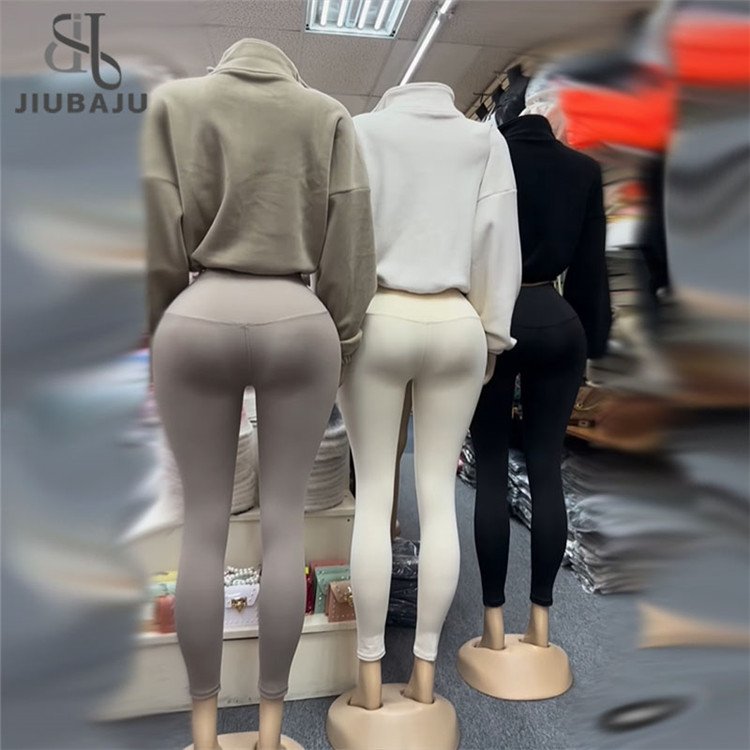 Casual Solid Sporty Two Piece Sets Women Zipper Long Sleeve Drawstring Wool Coat And Skinny Pants Outfits