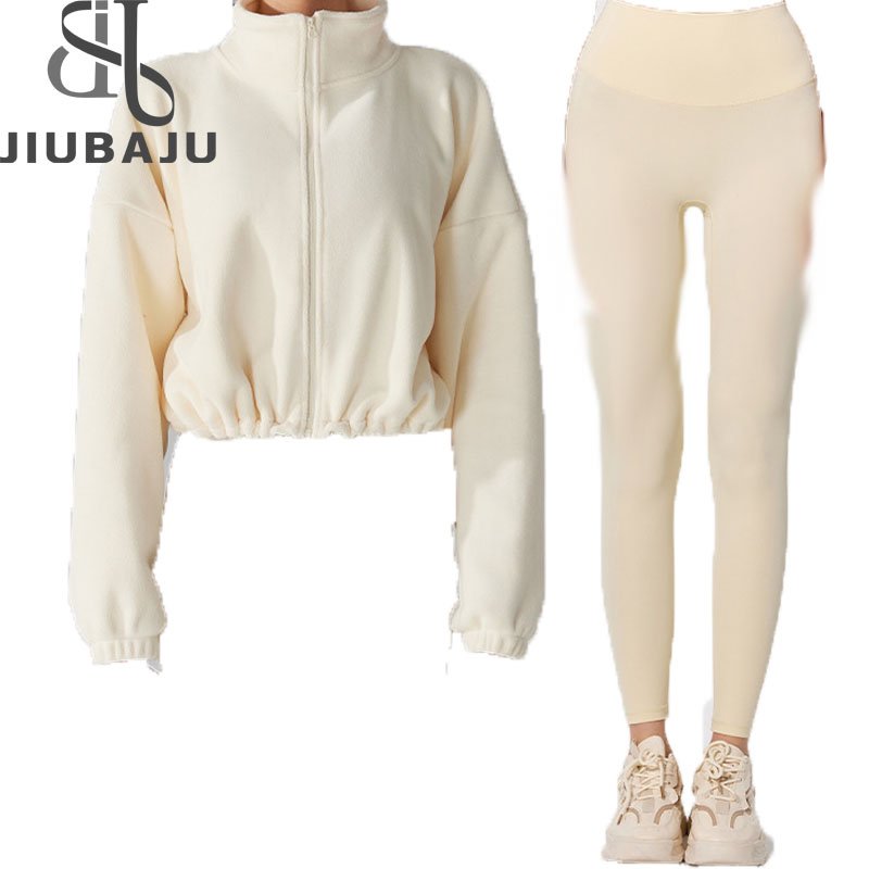 Casual Solid Sporty Two Piece Sets Women Zipper Long Sleeve Drawstring Wool Coat And Skinny Pants Outfits