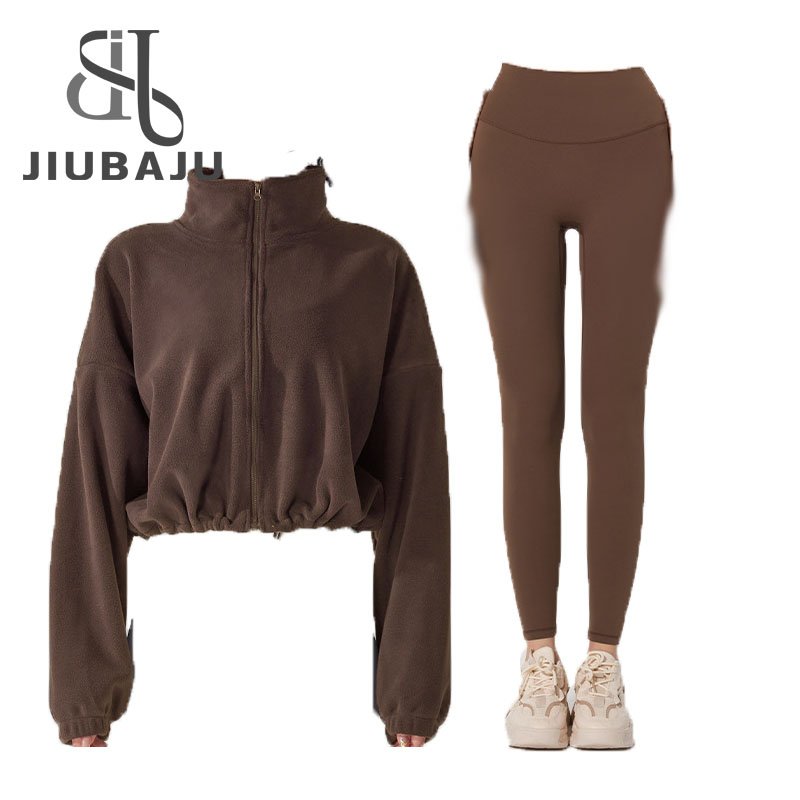 Casual Solid Sporty Two Piece Sets Women Zipper Long Sleeve Drawstring Wool Coat And Skinny Pants Outfits