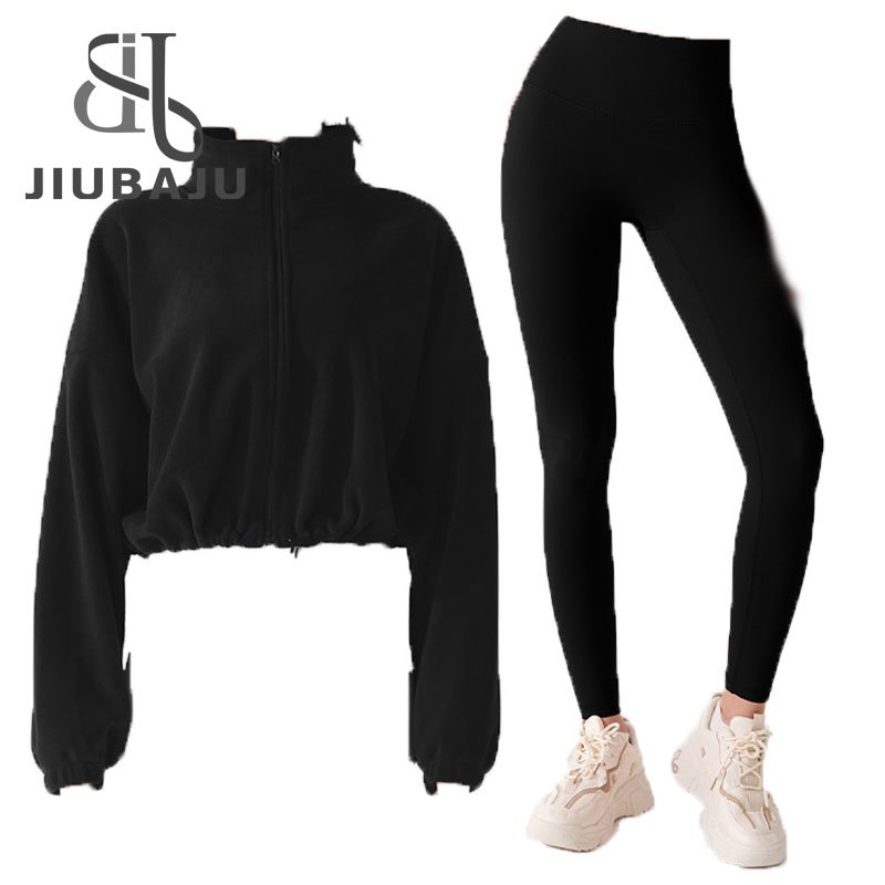 Casual Solid Sporty Two Piece Sets Women Zipper Long Sleeve Drawstring Wool Coat And Skinny Pants Outfits