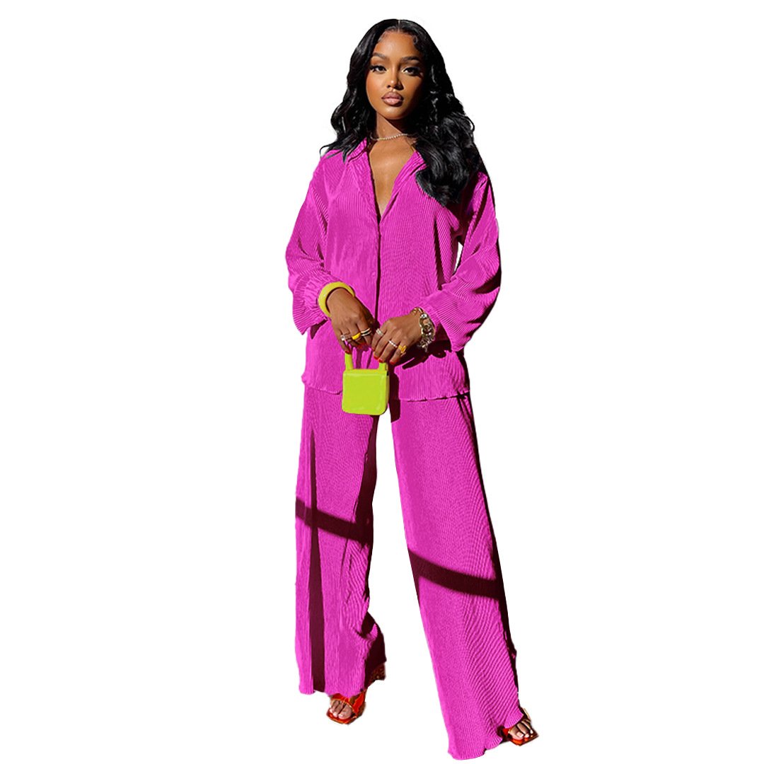 2024 Fall Women's Clothing Sexy Fashion Comfortable Pleated Cloth Shirt Swing Wide Leg Pants Lady Sets