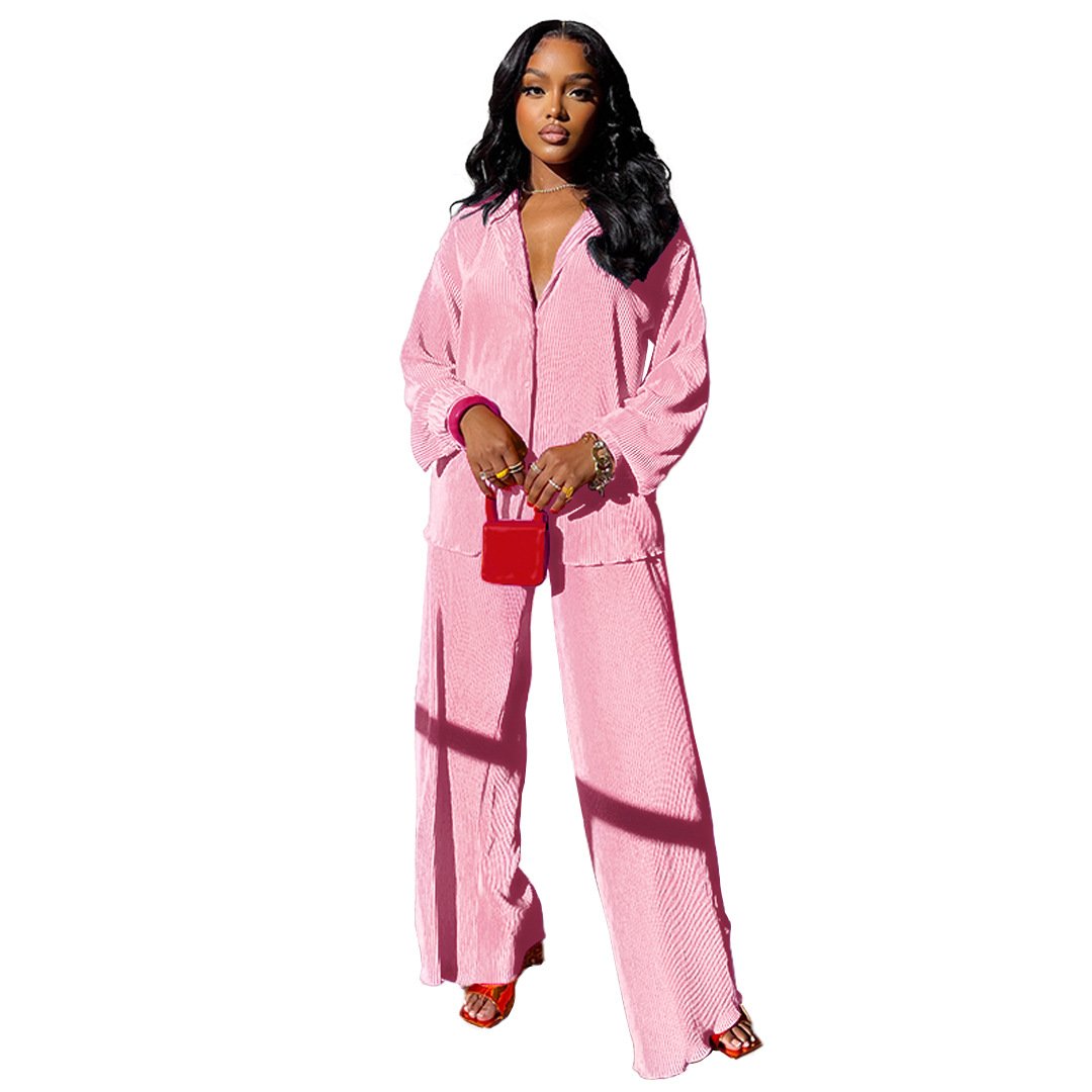 2024 Fall Women's Clothing Sexy Fashion Comfortable Pleated Cloth Shirt Swing Wide Leg Pants Lady Sets
