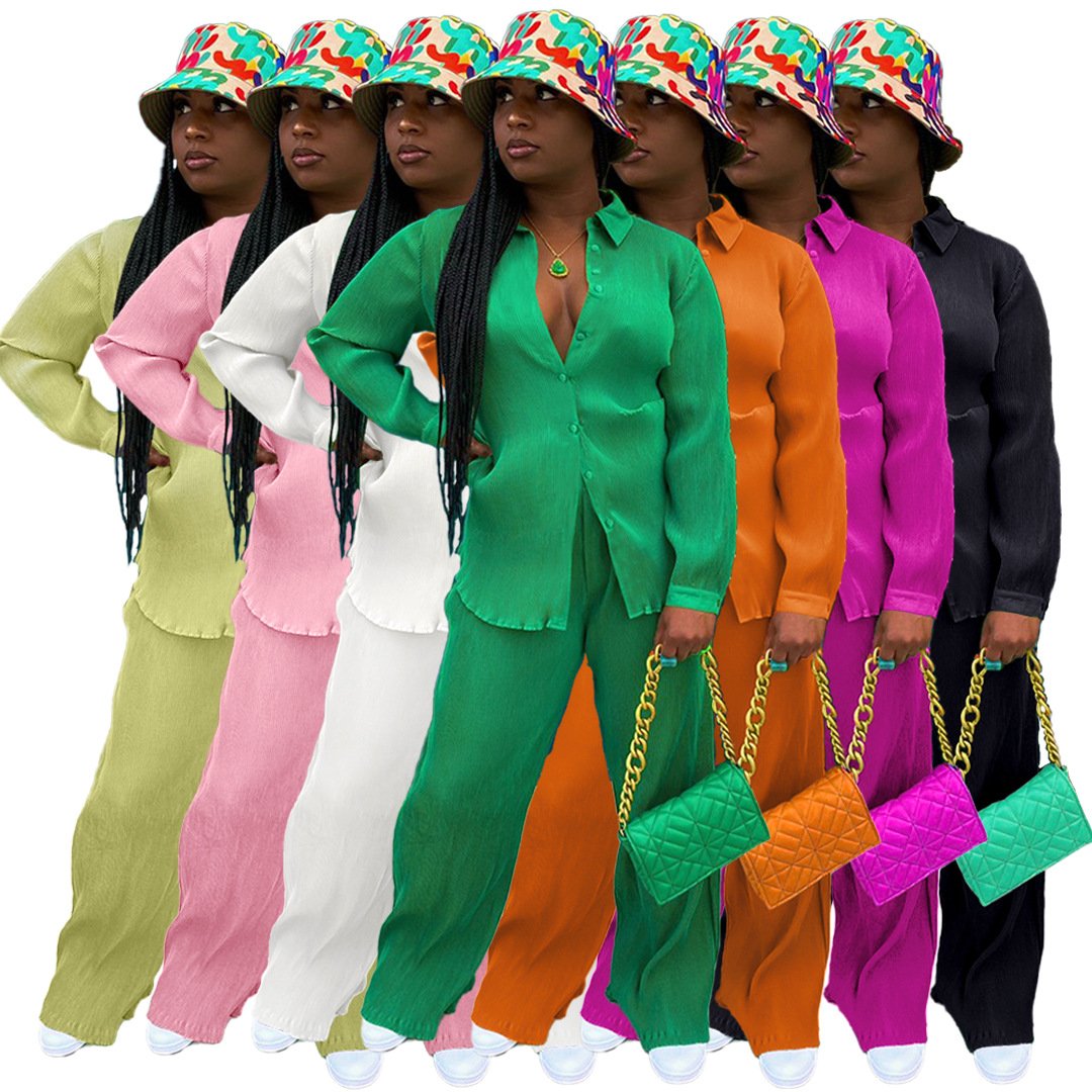 2024 Fall Women's Clothing Sexy Fashion Comfortable Pleated Cloth Shirt Swing Wide Leg Pants Lady Sets