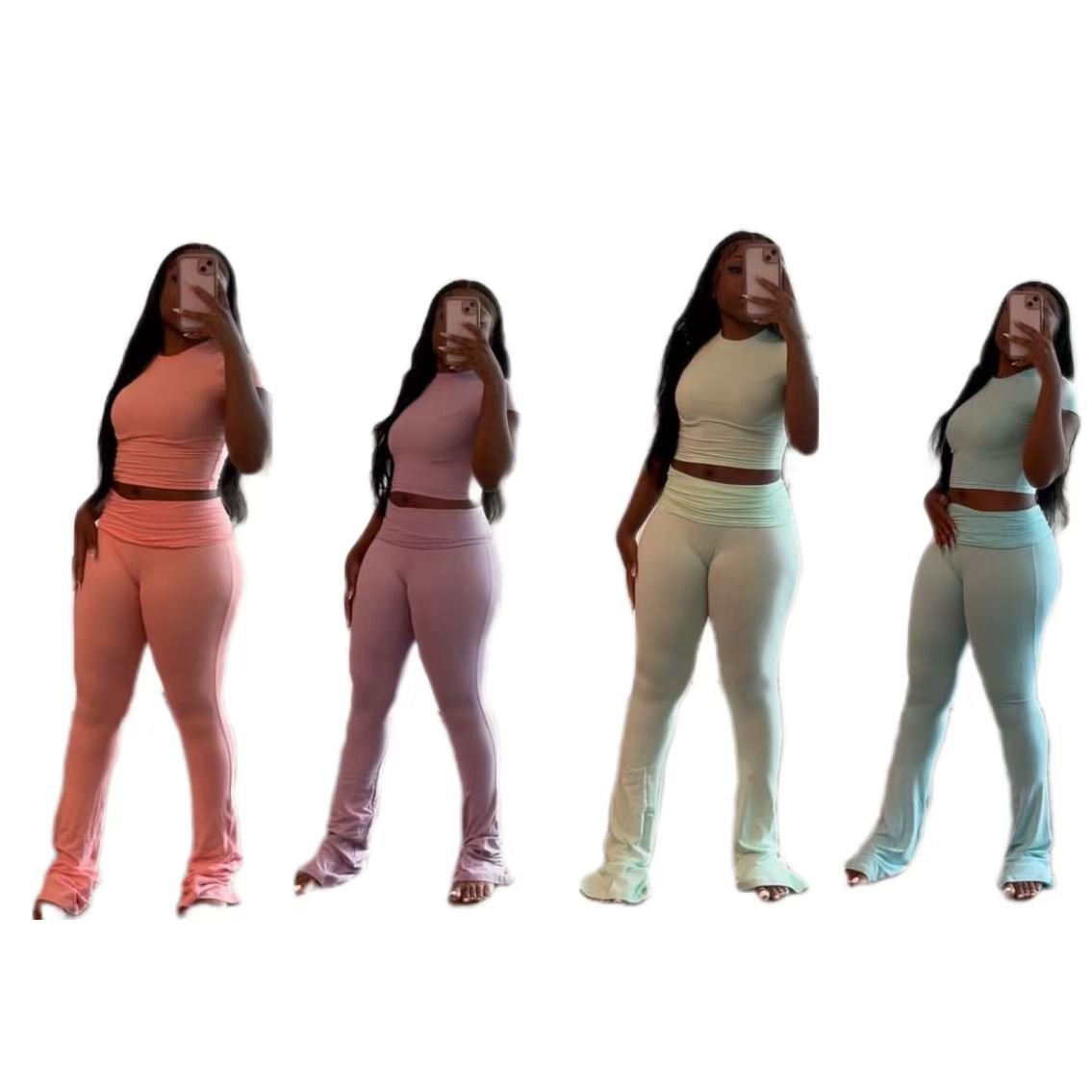 OEM jersey tshirt and wide leg flare long pants two 2 pieces Summer set casual home lounge wear Pajamas Pyjamas women's clothing