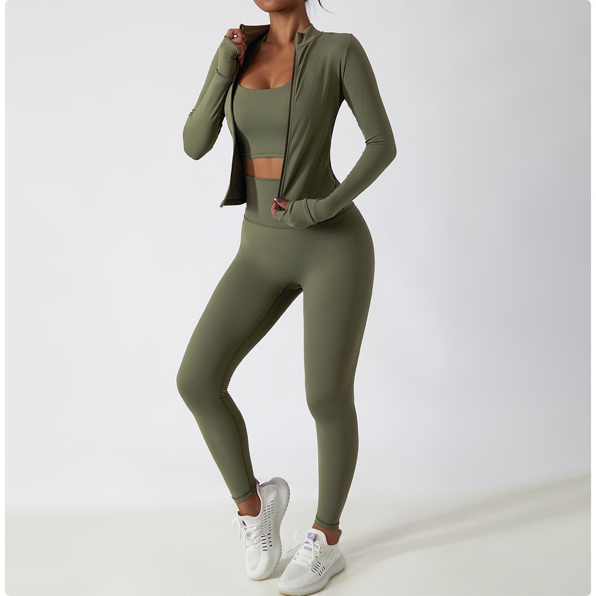 Custom LOGO Workout Set Women Clothing Active Wear Gym Fitness 3 Piece Women Workout Legging Set Long Sleeve Jacket Yoga Set