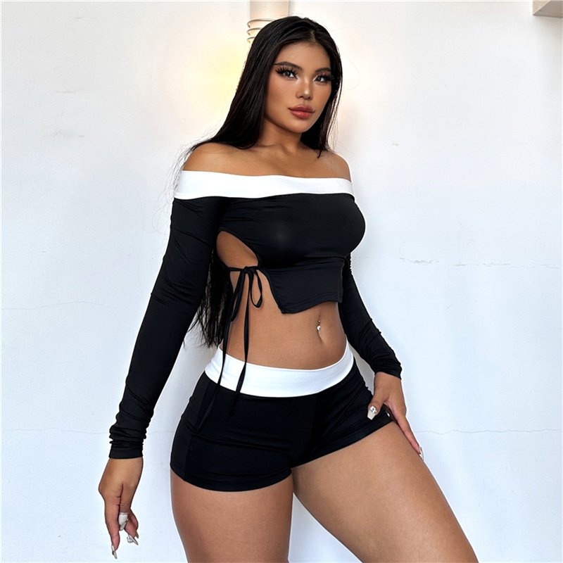 K23S33314 Casual Bandage Two Pieces Shorts Sets Fashion Slash Neck 2 Piece Set Women Side Split Patchwork Women's Set