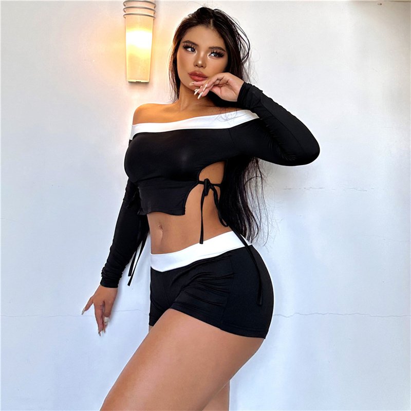 K23S33314 Casual Bandage Two Pieces Shorts Sets Fashion Slash Neck 2 Piece Set Women Side Split Patchwork Women's Set