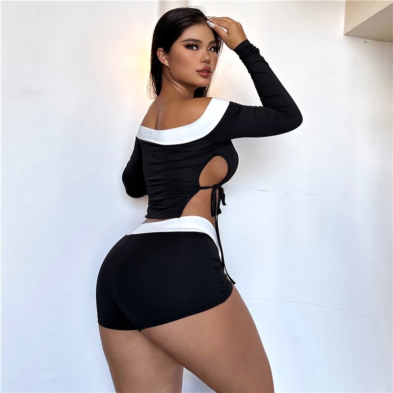 K23S33314 Casual Bandage Two Pieces Shorts Sets Fashion Slash Neck 2 Piece Set Women Side Split Patchwork Women's Set