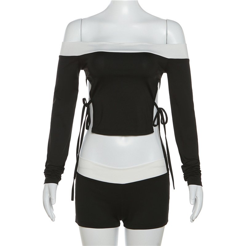 K23S33314 Casual Bandage Two Pieces Shorts Sets Fashion Slash Neck 2 Piece Set Women Side Split Patchwork Women's Set