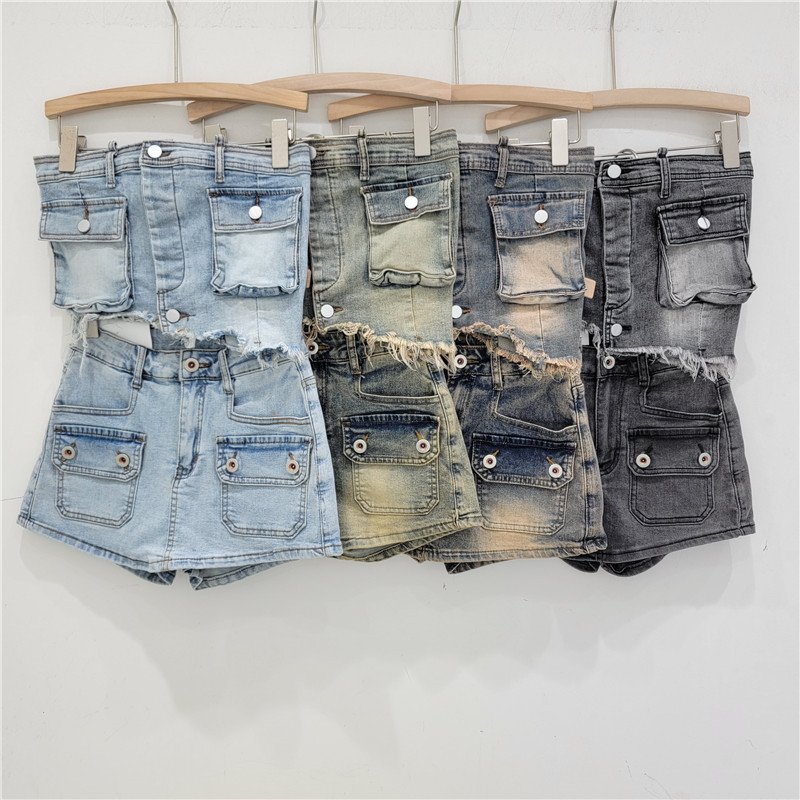 X15490C women Pocket Denim Skirt + Irregular Stretch Denim Tube Top Set
