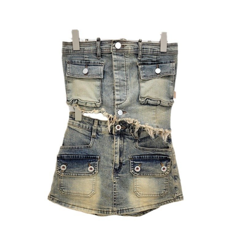 X15490C women Pocket Denim Skirt + Irregular Stretch Denim Tube Top Set