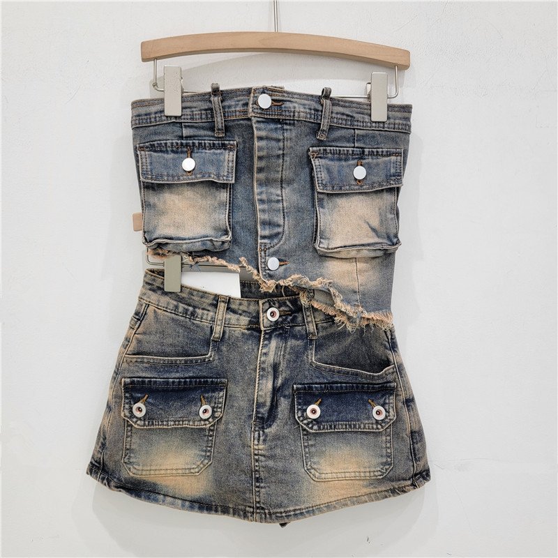 X15490C women Pocket Denim Skirt + Irregular Stretch Denim Tube Top Set