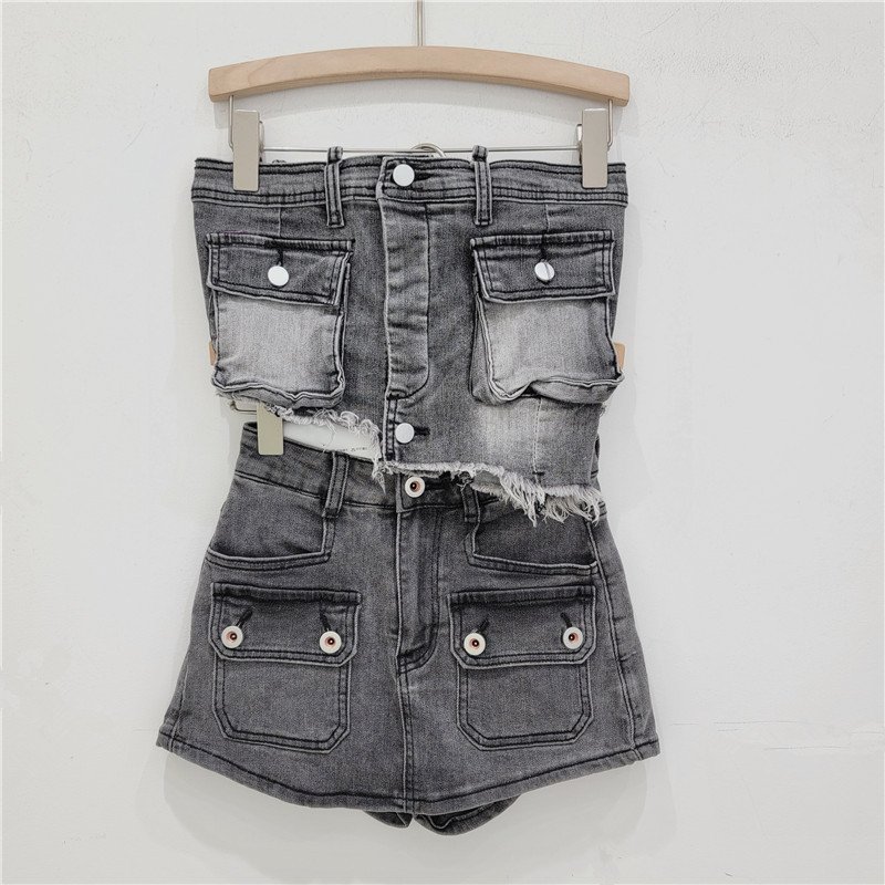 X15490C women Pocket Denim Skirt + Irregular Stretch Denim Tube Top Set