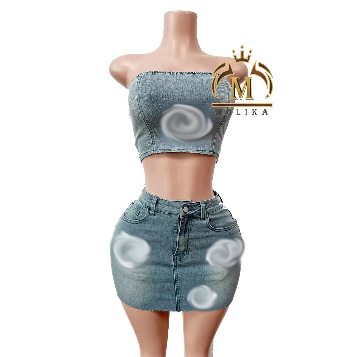 Summer Women's Fashion 2 Piece Print Strapless Tube Top Mini Skirt Slim Lady Y2K Streetwear Two Piece Denim Skirt Sets For Women