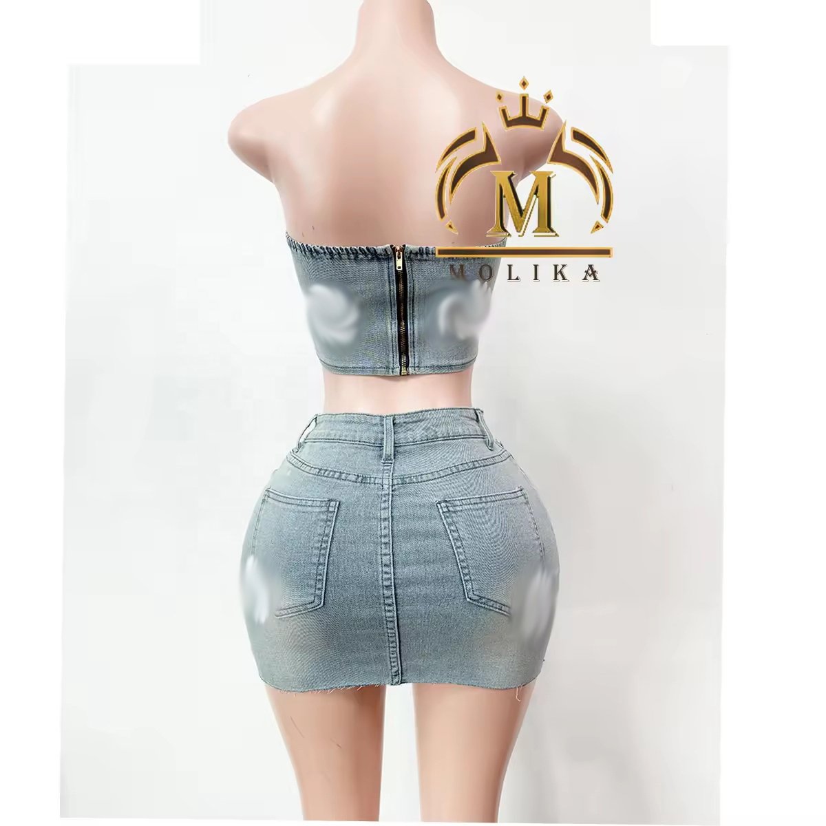 Summer Women's Fashion 2 Piece Print Strapless Tube Top Mini Skirt Slim Lady Y2K Streetwear Two Piece Denim Skirt Sets For Women