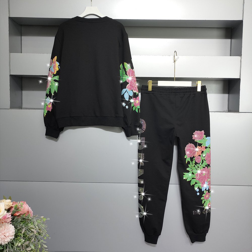 Casual Long Sleeve Round Neck Pants Set Rhinestone Floral Women'S Two-Piece Pant Set