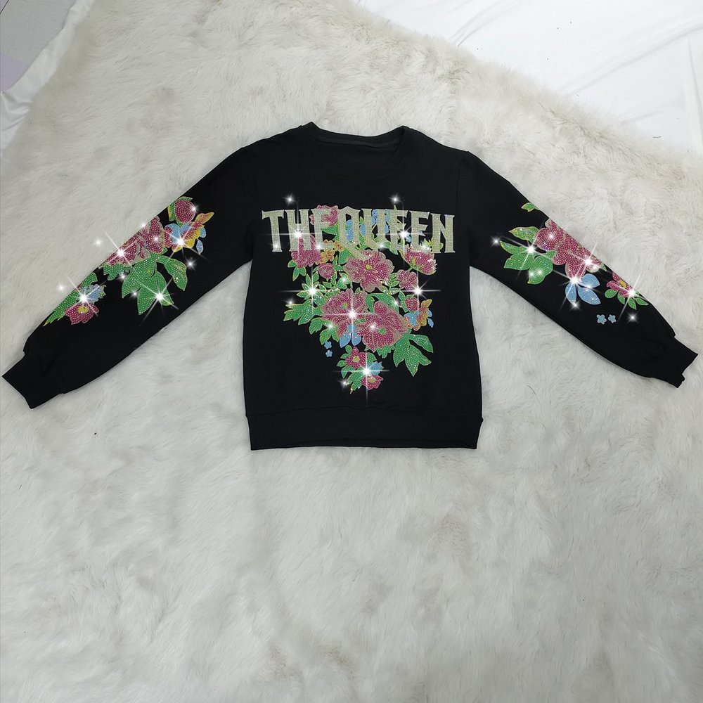 Casual Long Sleeve Round Neck Pants Set Rhinestone Floral Women'S Two-Piece Pant Set
