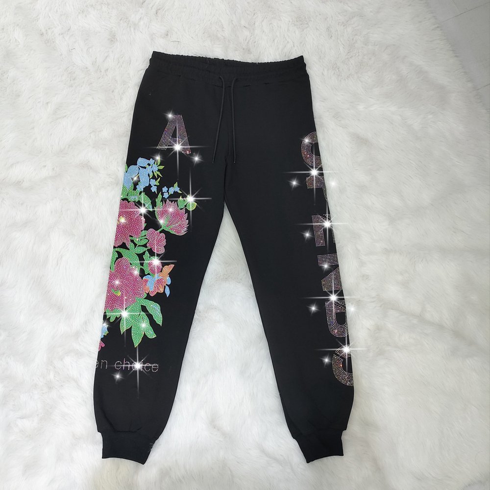 Casual Long Sleeve Round Neck Pants Set Rhinestone Floral Women'S Two-Piece Pant Set