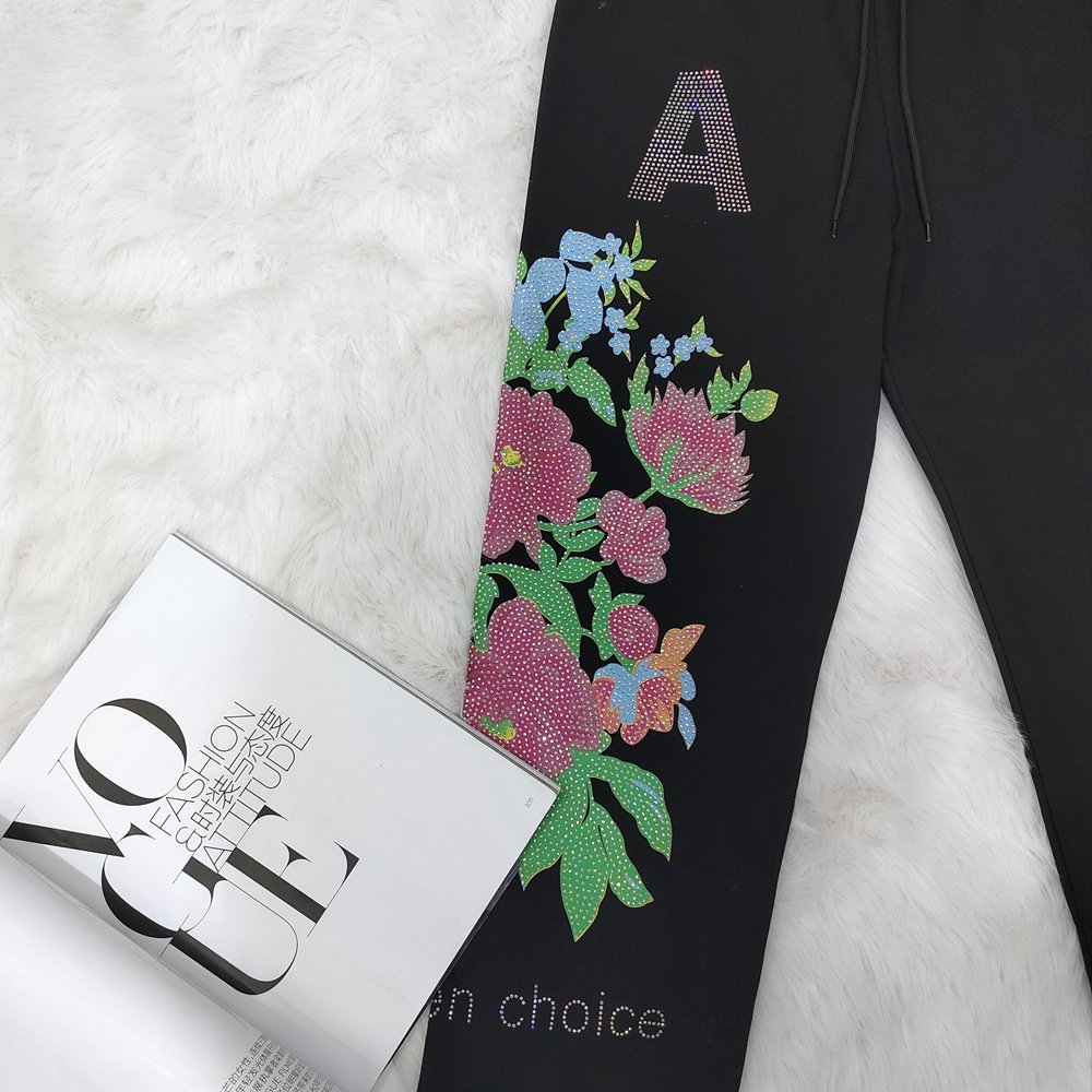 Casual Long Sleeve Round Neck Pants Set Rhinestone Floral Women'S Two-Piece Pant Set