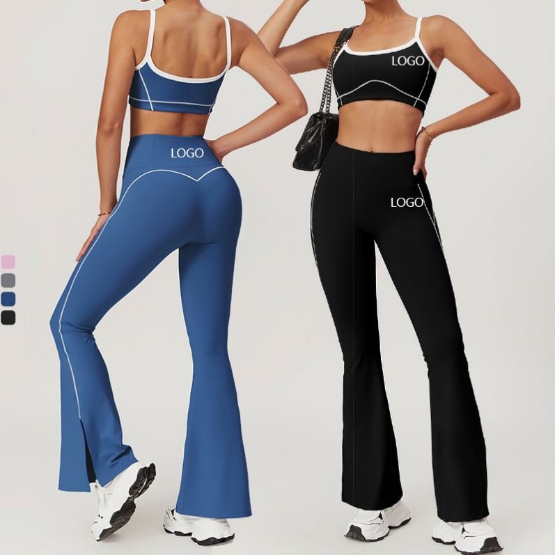 TZ8838 Women Sports Set Brand Side White Line U Neck Bra No Scrunch Flared Legging Yoga Set Fitness Sportswear Outfit