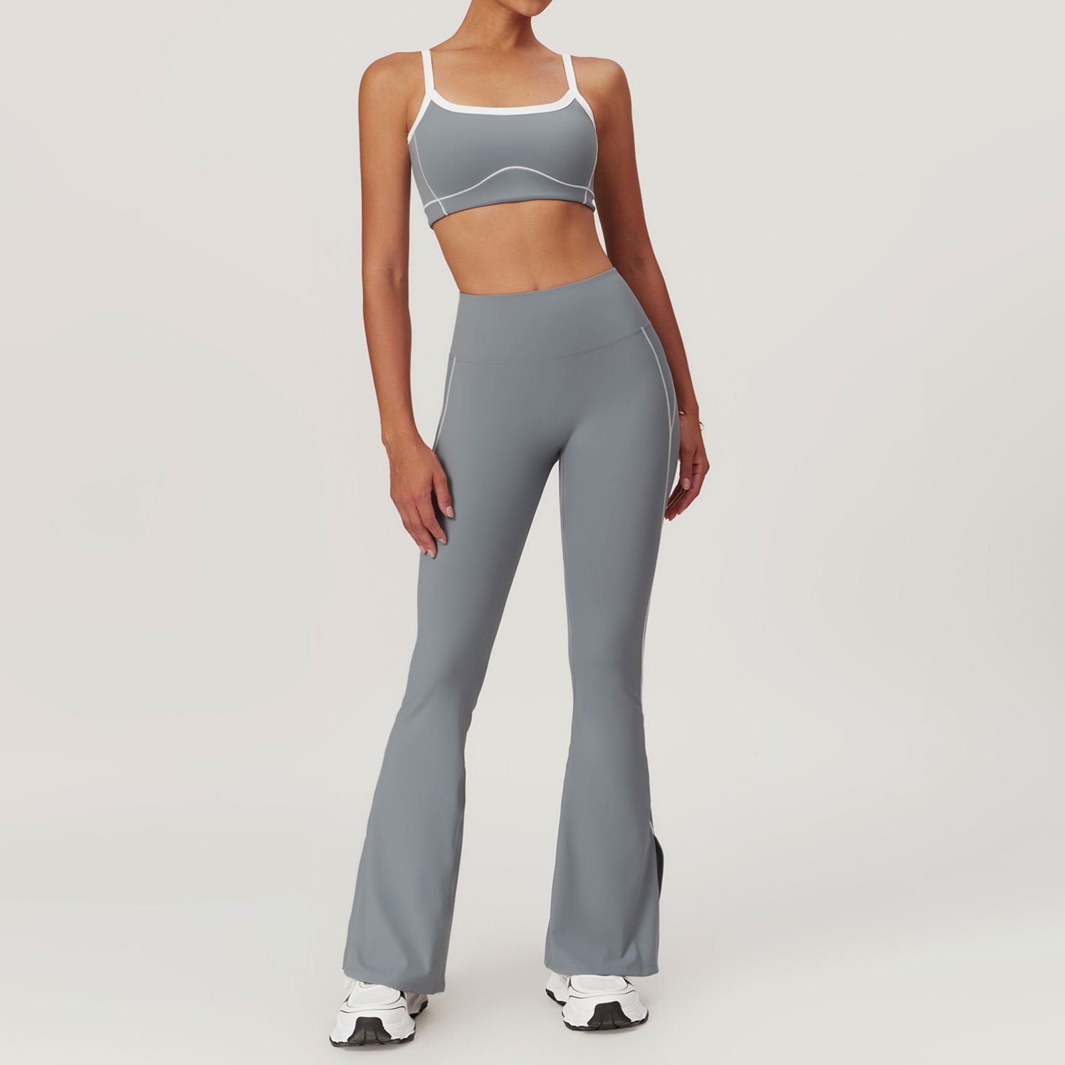 TZ8838 Women Sports Set Brand Side White Line U Neck Bra No Scrunch Flared Legging Yoga Set Fitness Sportswear Outfit
