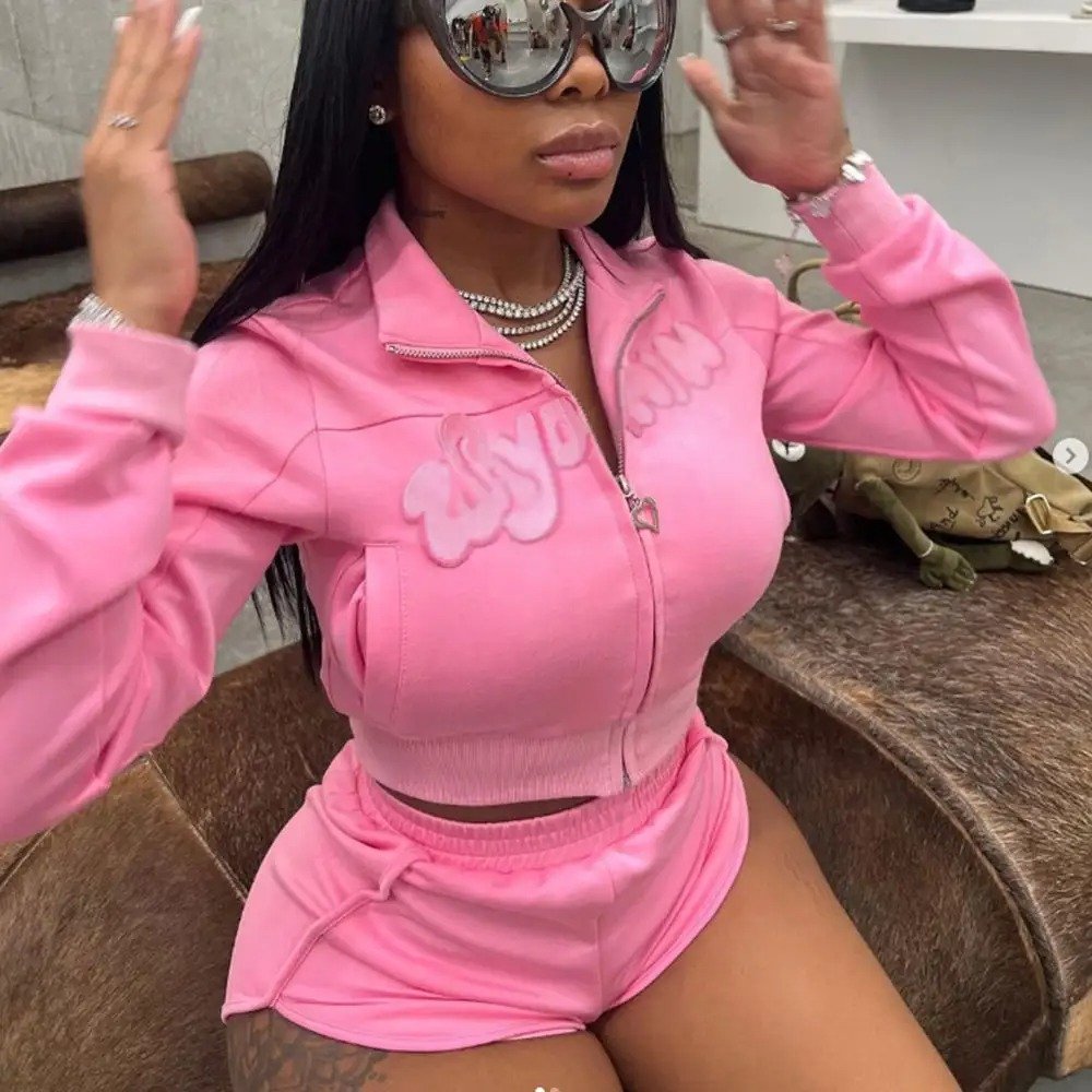 Women's Sets Custom Distress Embroidery Acid Washed Zipper Crop Hoodie & Shorts High Quality Womens Sports Outdoor Tracksuits