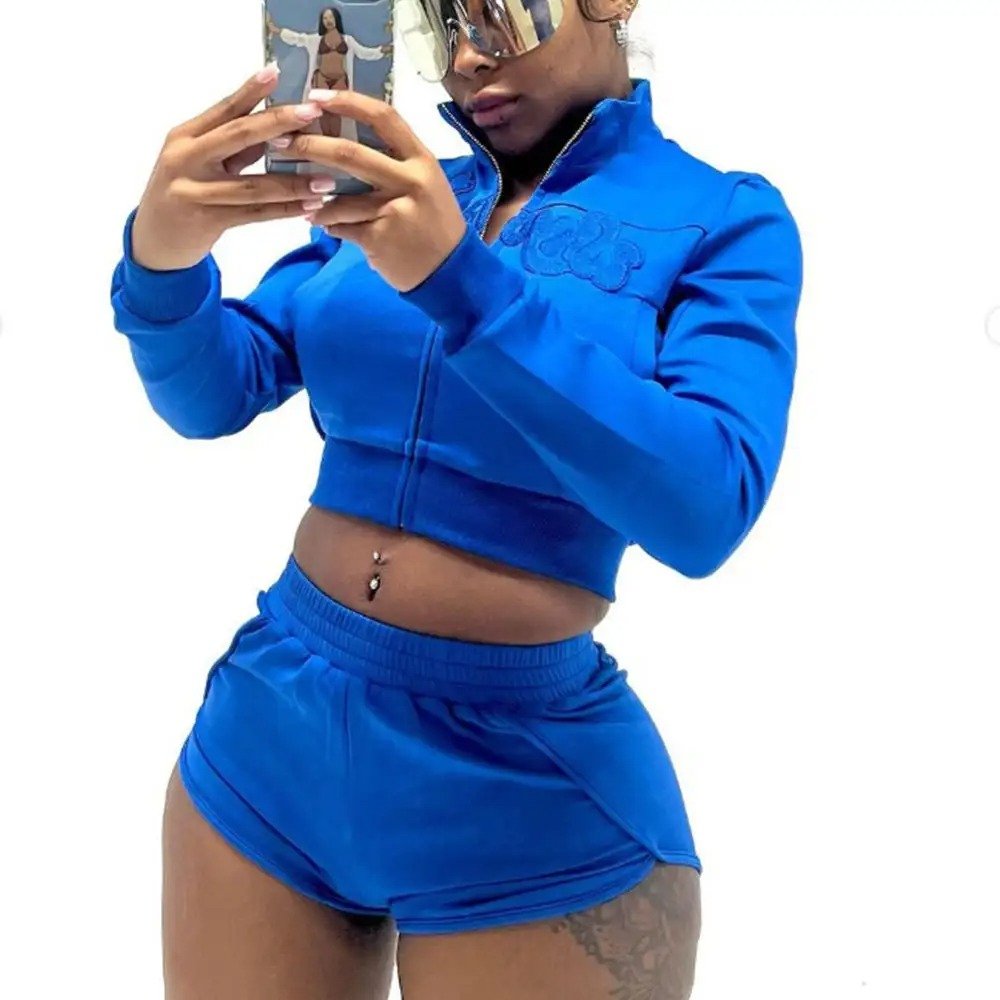 Women's Sets Custom Distress Embroidery Acid Washed Zipper Crop Hoodie & Shorts High Quality Womens Sports Outdoor Tracksuits