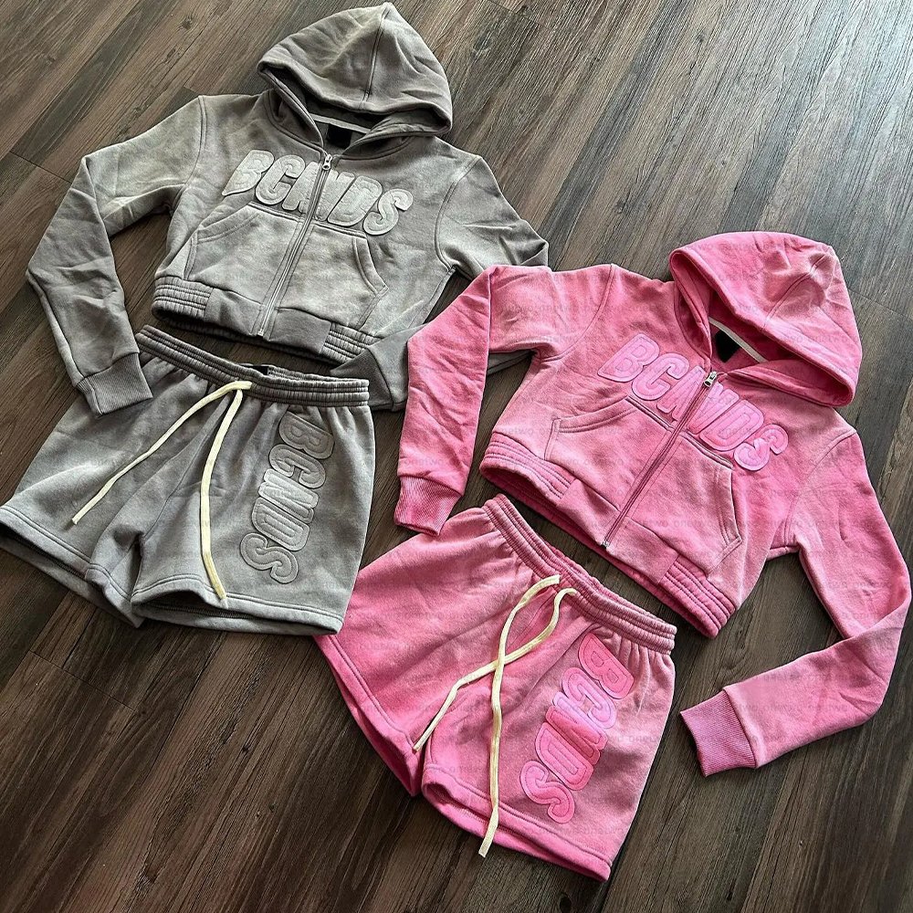 Women's Sets Custom Distress Embroidery Acid Washed Zipper Crop Hoodie & Shorts High Quality Womens Sports Outdoor Tracksuits
