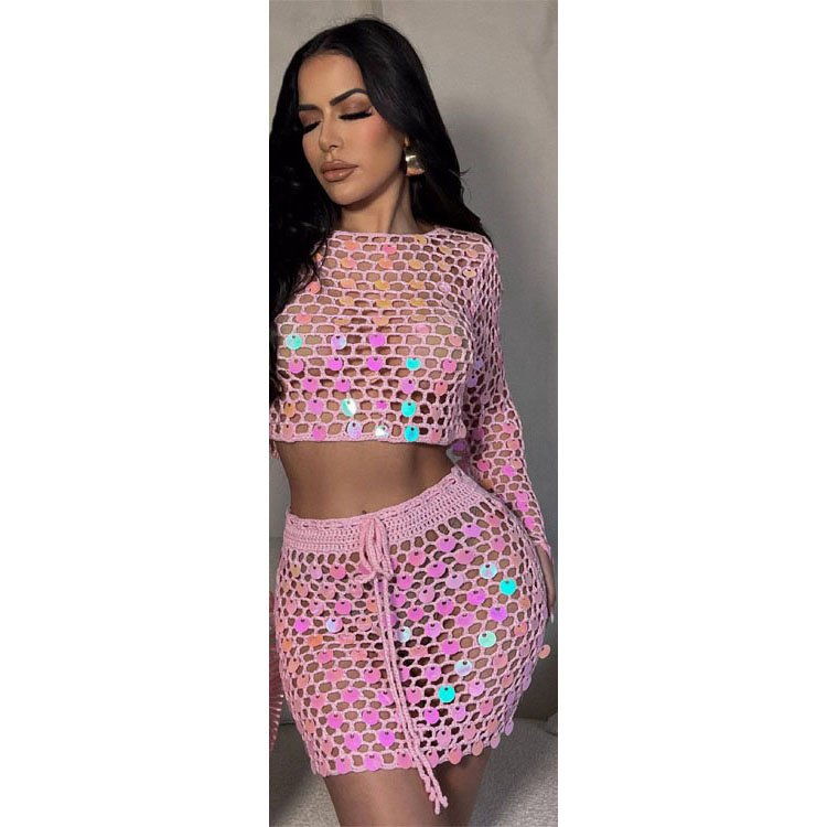 2024 New Women's Handmade Crochet Sequin Skirt Two-piece Beach Skirt Set
