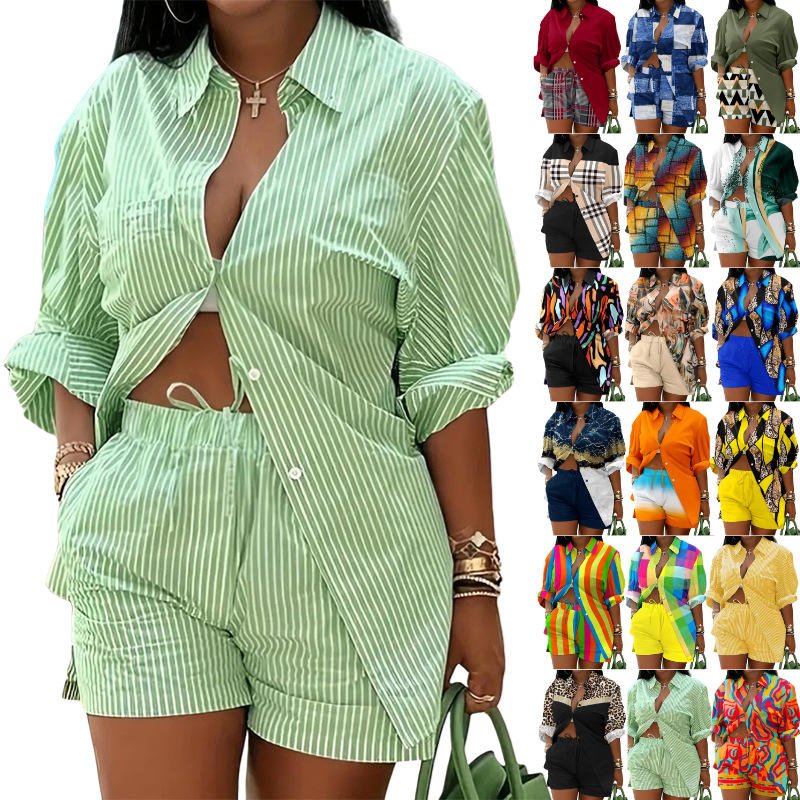 fall women set new plus size women clothing ladies long sleeve two piece printed shirt shorts casual loose women's sets