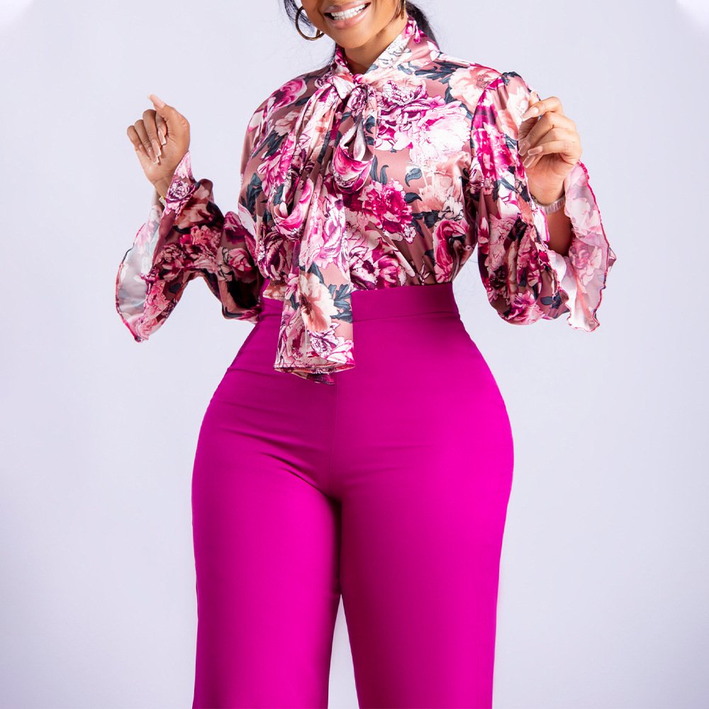 Manufacturer's Wholesale 2024 Spring Summer Collection Ladies' Casual Floral Print 2-Piece Set-Long Sleeved Blouse Wide Leg