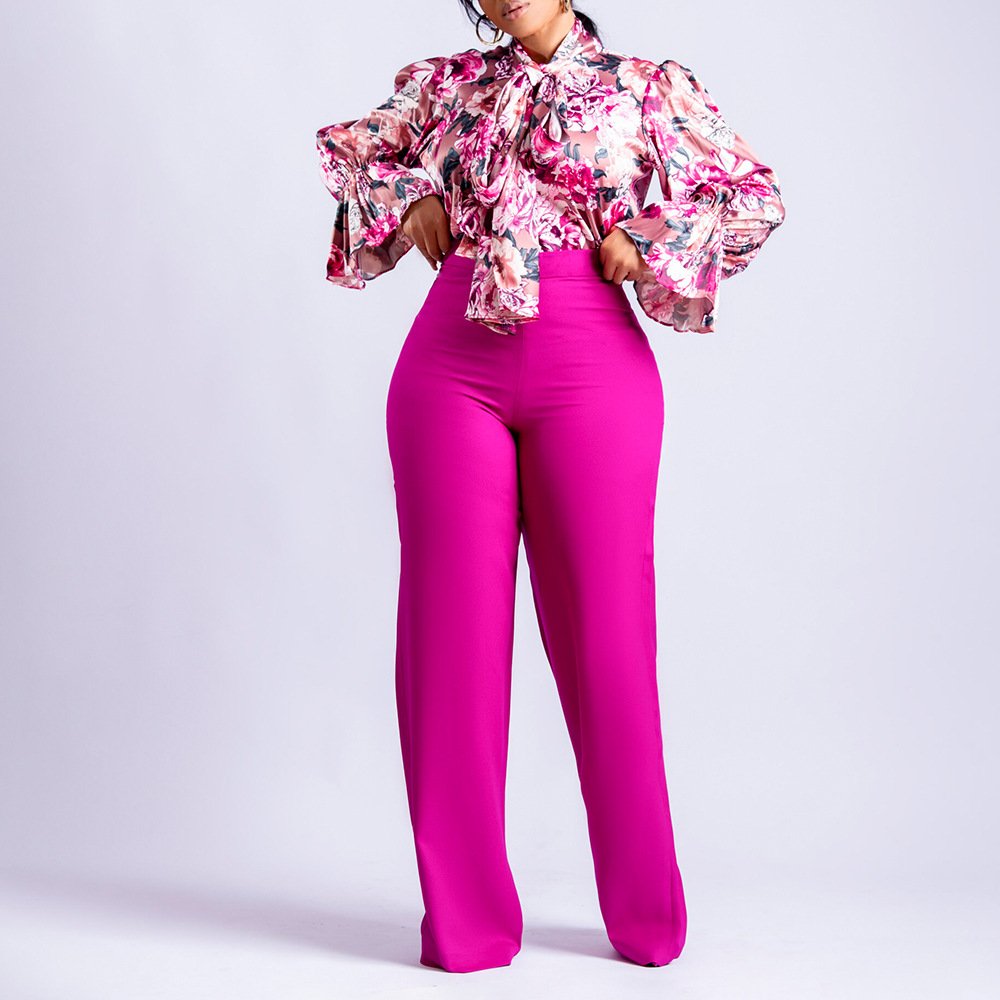 Manufacturer's Wholesale 2024 Spring Summer Collection Ladies' Casual Floral Print 2-Piece Set-Long Sleeved Blouse Wide Leg