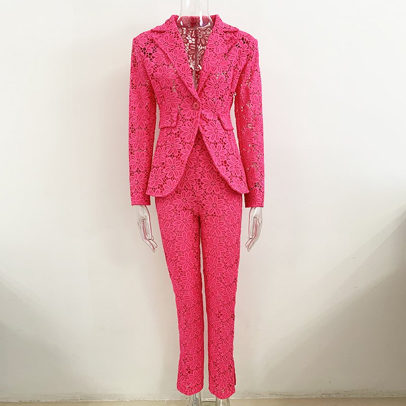 HIGH QUALITY Newest 2023 Designer Runway Suit Set Women's Single Button Blazer Guipure Lace Pencil Pants Suit 2pcs