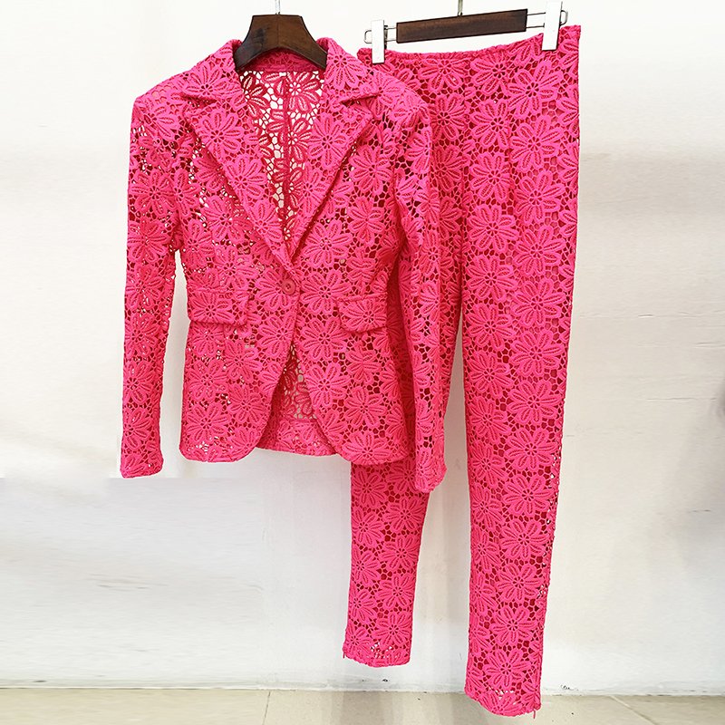 HIGH QUALITY Newest 2023 Designer Runway Suit Set Women's Single Button Blazer Guipure Lace Pencil Pants Suit 2pcs