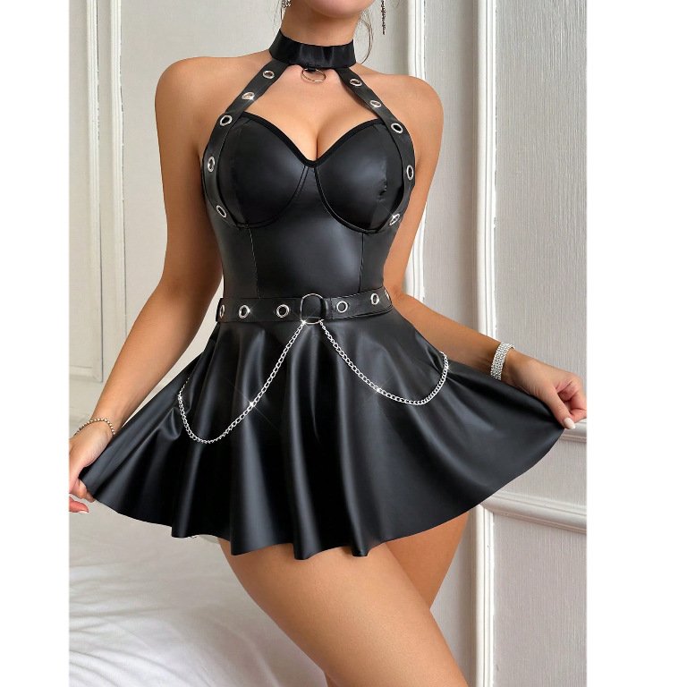 Sexy Women's Skirt Fashion Hanging Neck Dress Metal Chain PU Leather Fun Underwear Women's Lingerie