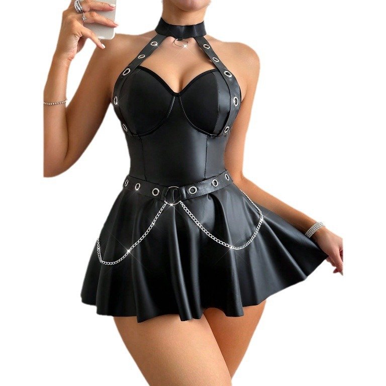Sexy Women's Skirt Fashion Hanging Neck Dress Metal Chain PU Leather Fun Underwear Women's Lingerie