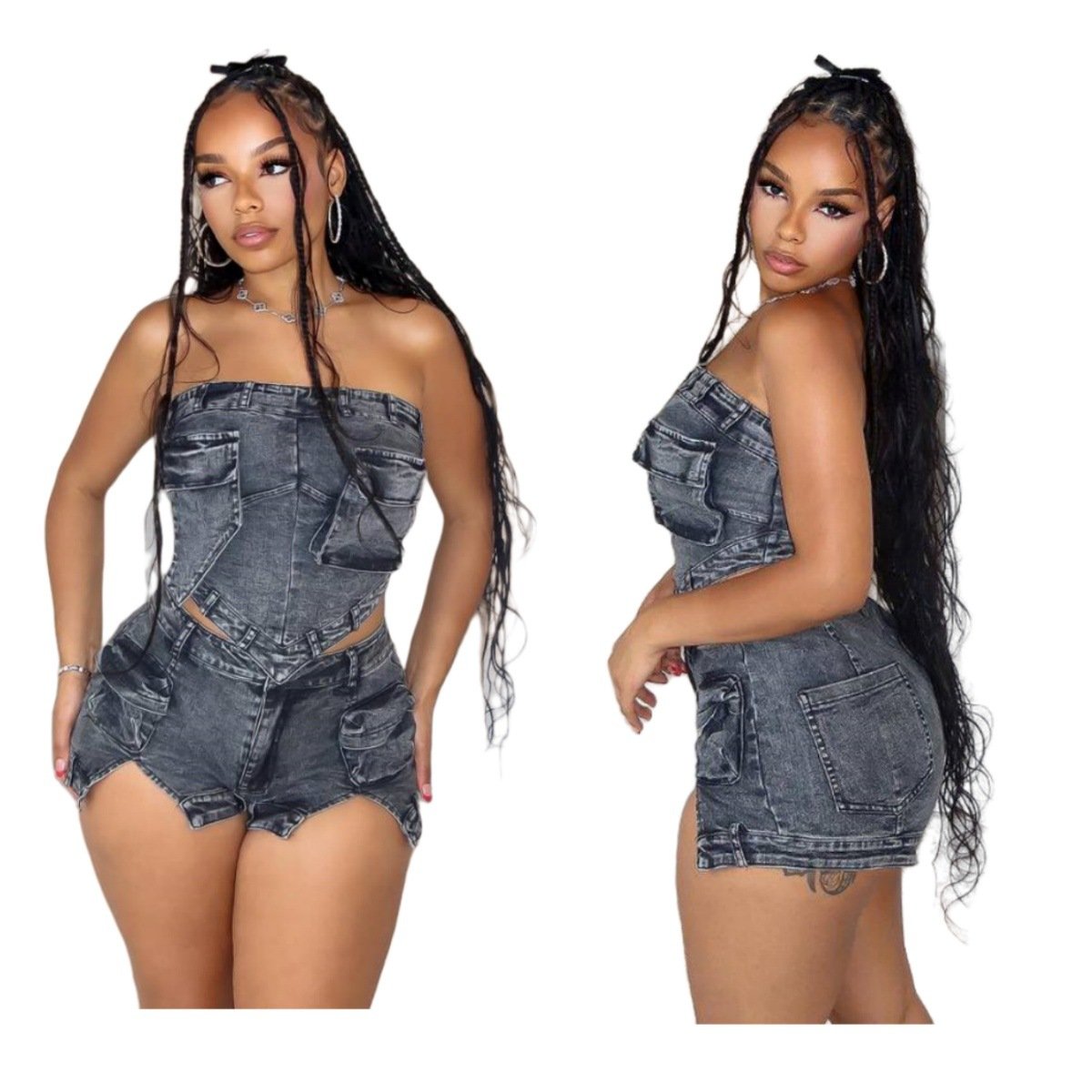 C0329 2024 Summer New Fashion Casual Printing Sporty Shorts Denim Two Piece Set Women