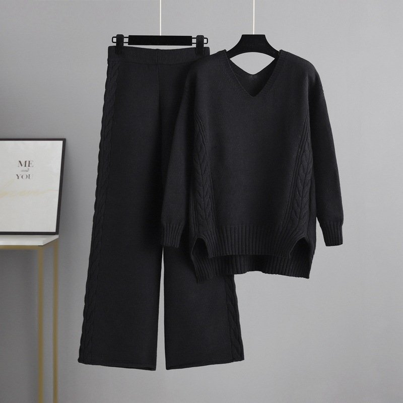 OEM Custom Winter Loose Long Sleeve Sweater Top Wide Leg Pants Ladies Women Two Piece Knit Set